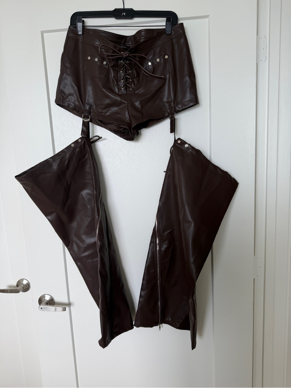 AKIRA Dark Brown Faux Leather Lace-Up Shorts with Removable Chaps